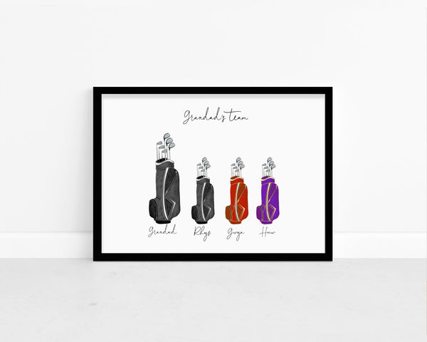 Personalised Family Golf Bags Print - Golf Lover Gifts - Birthday, Fathers Day Gift - A5, A4 Prints & Framed