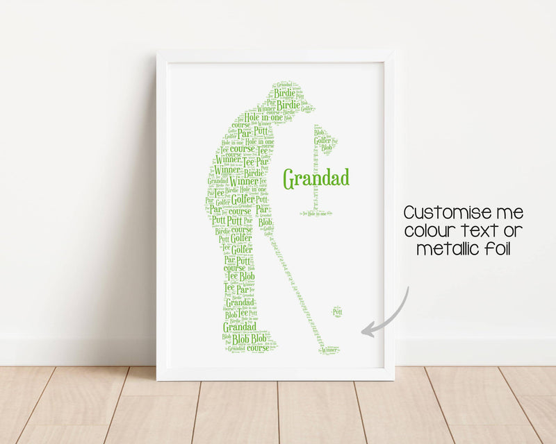 Personalised Golfer Word Art Print - Retirement, Fathers Day Golf Gift - Dad, Daddy, Grandad Gifts - A5, A4 Prints & Framed