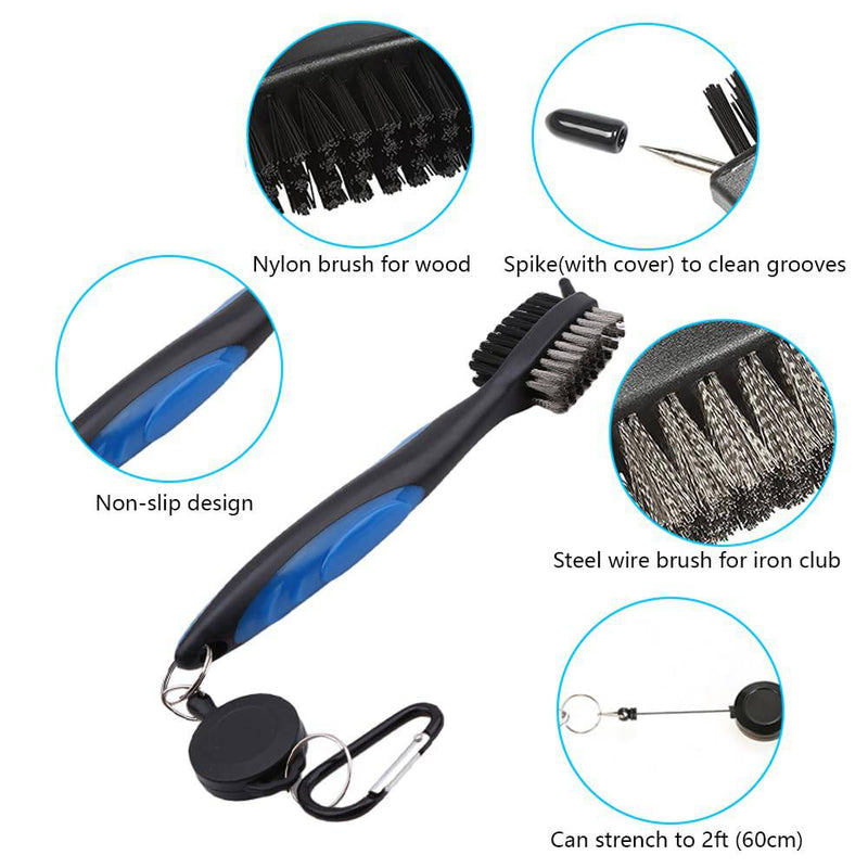 VIPMOON Golf Clean Tool Set,Retractable Golf Club Brush and 2 Golf Club Groove Sharpener for U & V-Grooves, Portable Golf Brush Tool Kits for All Golf Irons for Man (Blue)