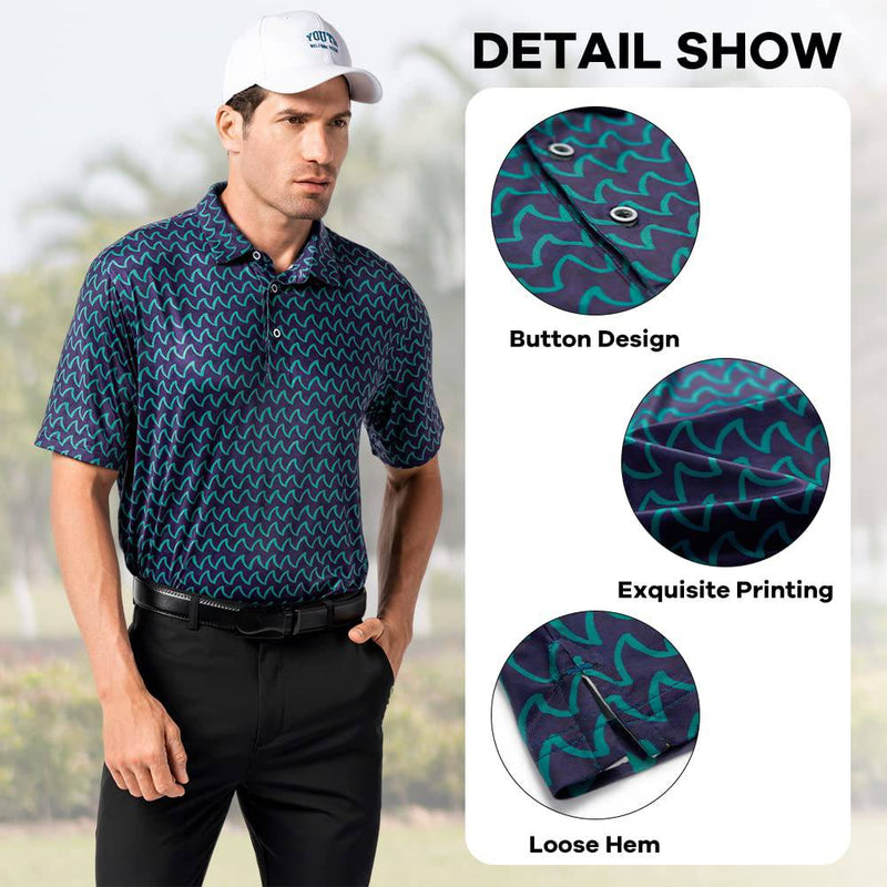 Mens Polo Shirts for Men Adult Short Sleeve Printed Work Casual Golf T-Shirt Breathable Quick Dry Button Down Polo Shirt Blue Green Waves