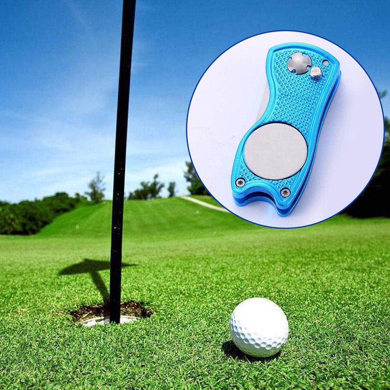 Yizerel 2 Pack Metal Foldable Golf Divot Tool with Pop-up Button & Magnetic Ball Marker (Pack of 2, Fish Design)