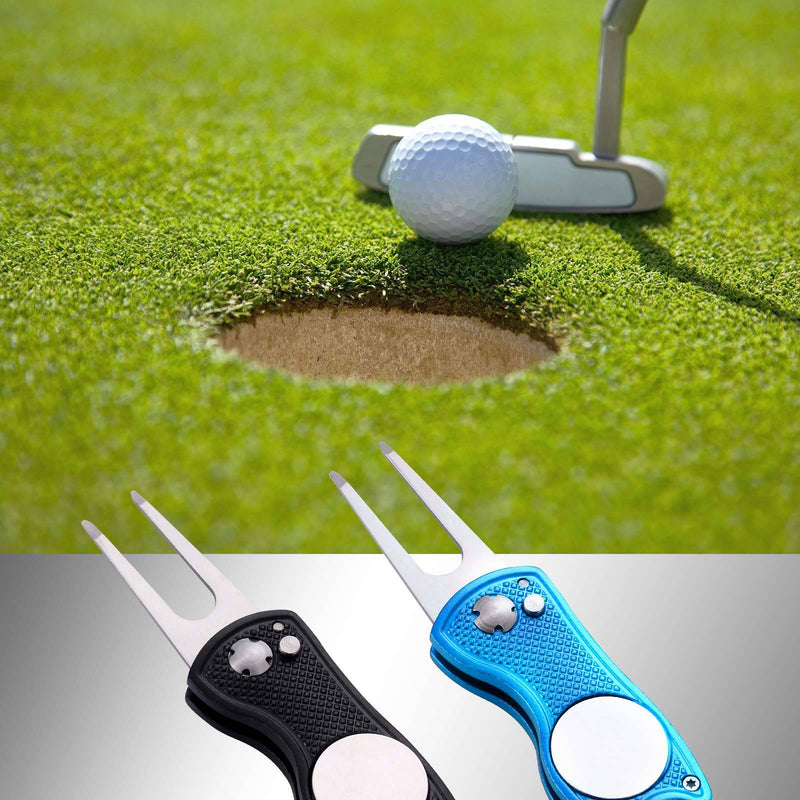 Yizerel 2 Pack Metal Foldable Golf Divot Tool with Pop-up Button & Magnetic Ball Marker (Pack of 2, Fish Design)