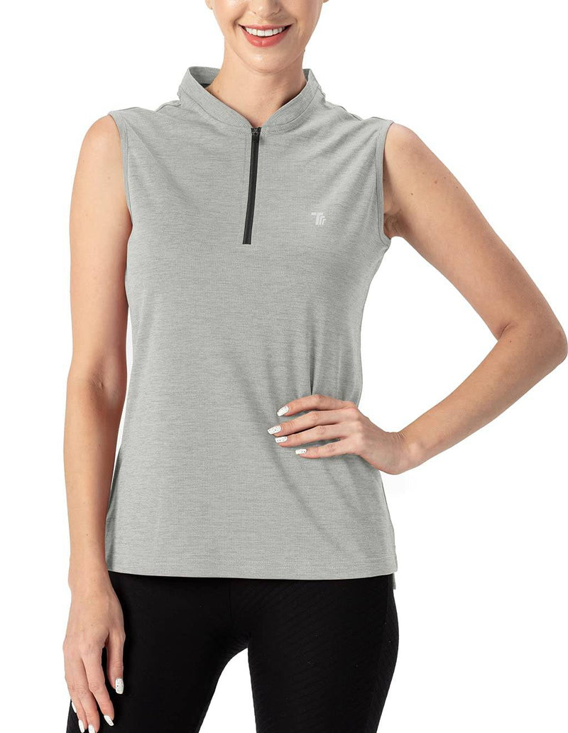 YSENTO Womens Sleeveless Golf Polo Shirts Zip UP Tennis Sports Athletic Tank Tops UPF 50+Sliver Grey