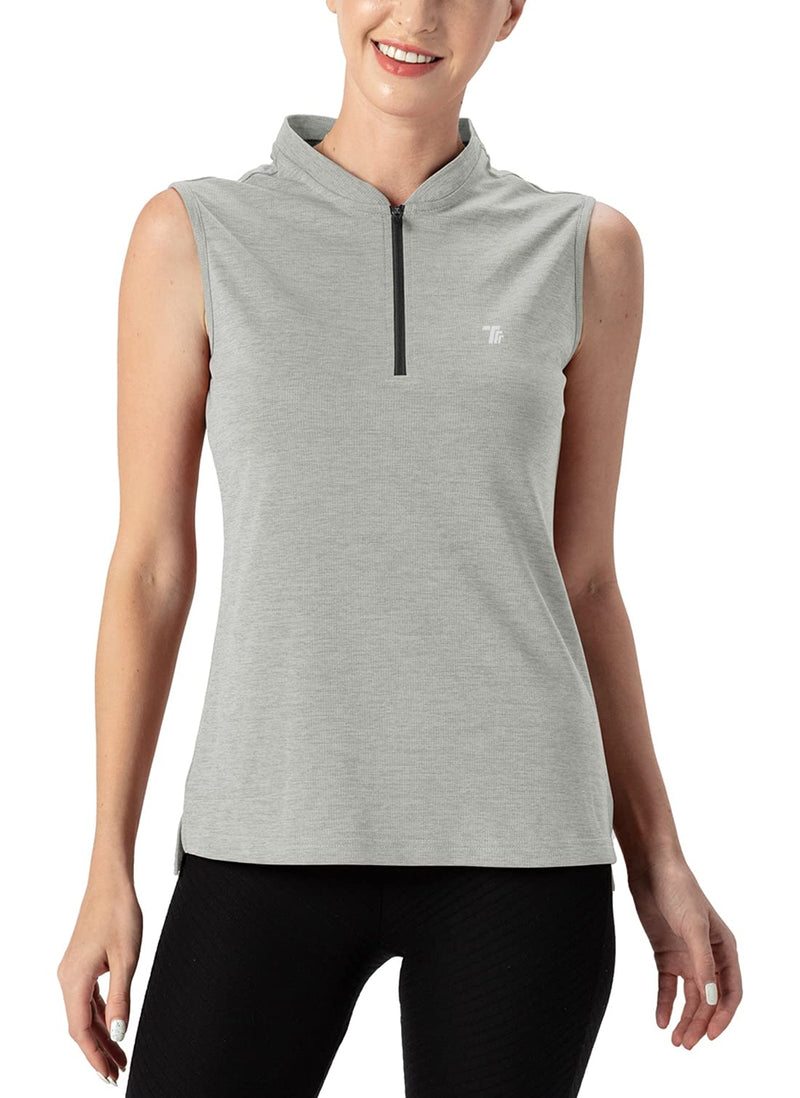 YSENTO Womens Sleeveless Golf Polo Shirts Zip UP Tennis Sports Athletic Tank Tops UPF 50+Sliver Grey