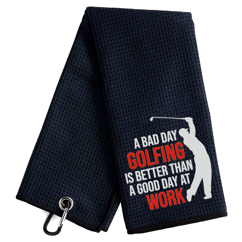 ZAKSEM A Bad Day of Golf is Better Than a Good Day at Work Funny Black Golf Towel, Embroidered Golf Towels for Golf Bags with Clip, Golf Towel for Men, Dad, Husband Golf Fan Birthday Gifts